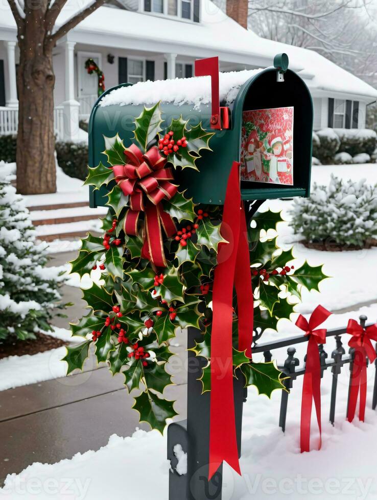 foto de Navidad acebo ramas decorando un buzón lleno con Navidad tarjetas y cintas conjunto en contra un fondo de un cubierto de nieve frente patio trasero. ai generado