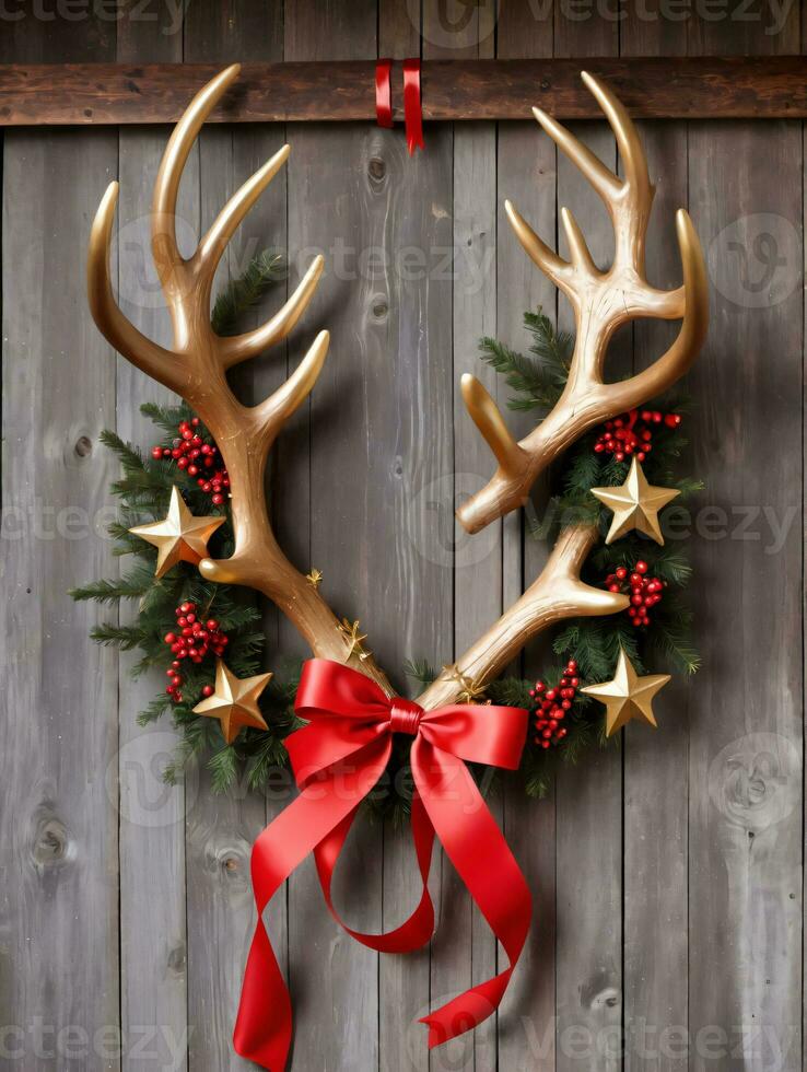 Photo Of Christmas Reindeer Antlers Wrapped With Red Ribbons And Golden Stars Leaning Against A Barn Door. AI Generated