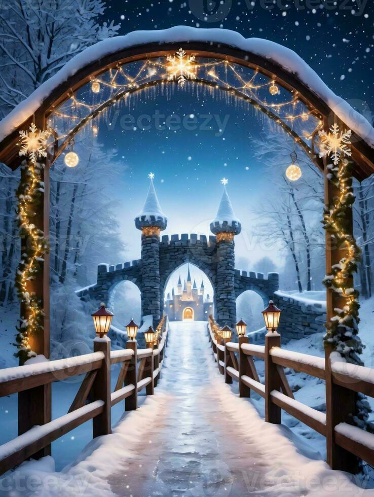 Photo Of Christmas SnowCovered Bridge Adorned With Fairy Lights And Snowflakes Leading To A Magical Ice Castle. AI Generated