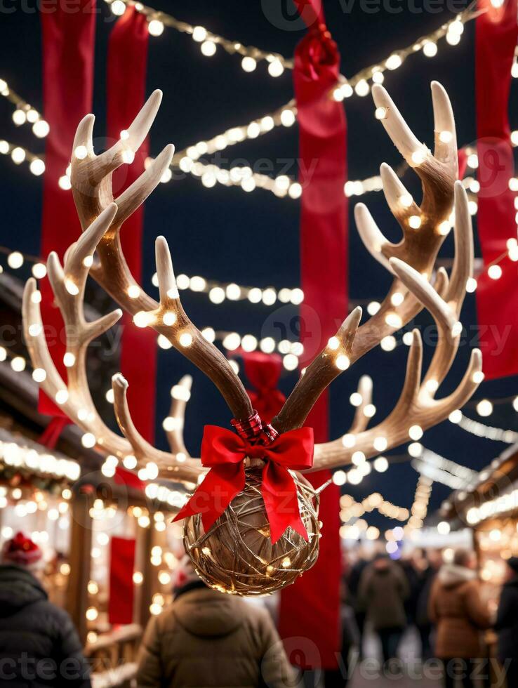 Photo Of Christmas Reindeer Antlers Wrapped With Fairy Lights And Red Ribbons In A Bustling Christmas Market. AI Generated