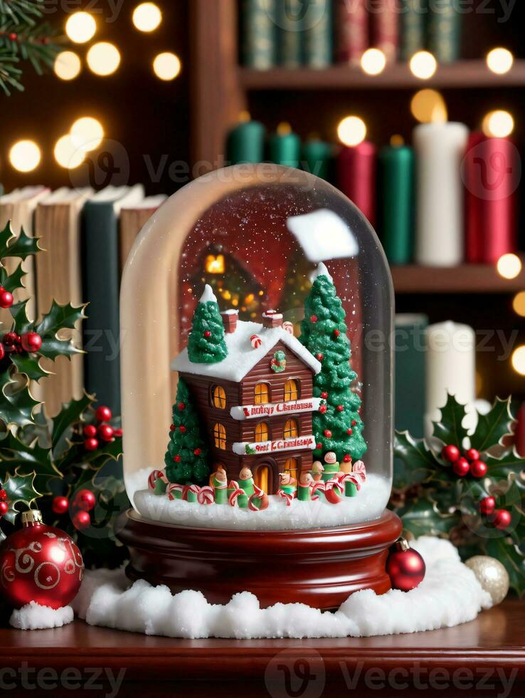 Photo Of Christmas Snow Globe Featuring A Yule Log Holly Leaves And Candy Canes On A Bookshelf Filled With Christmas Tales. AI Generated