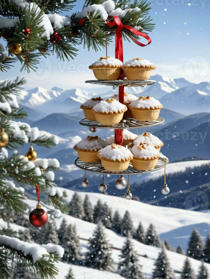 Photo Of Christmas SnowCovered Pine Tree With Hanging Mince Pies And Jingle Bells Against A Backdrop Of Distant Snowy Mountains. AI Generated