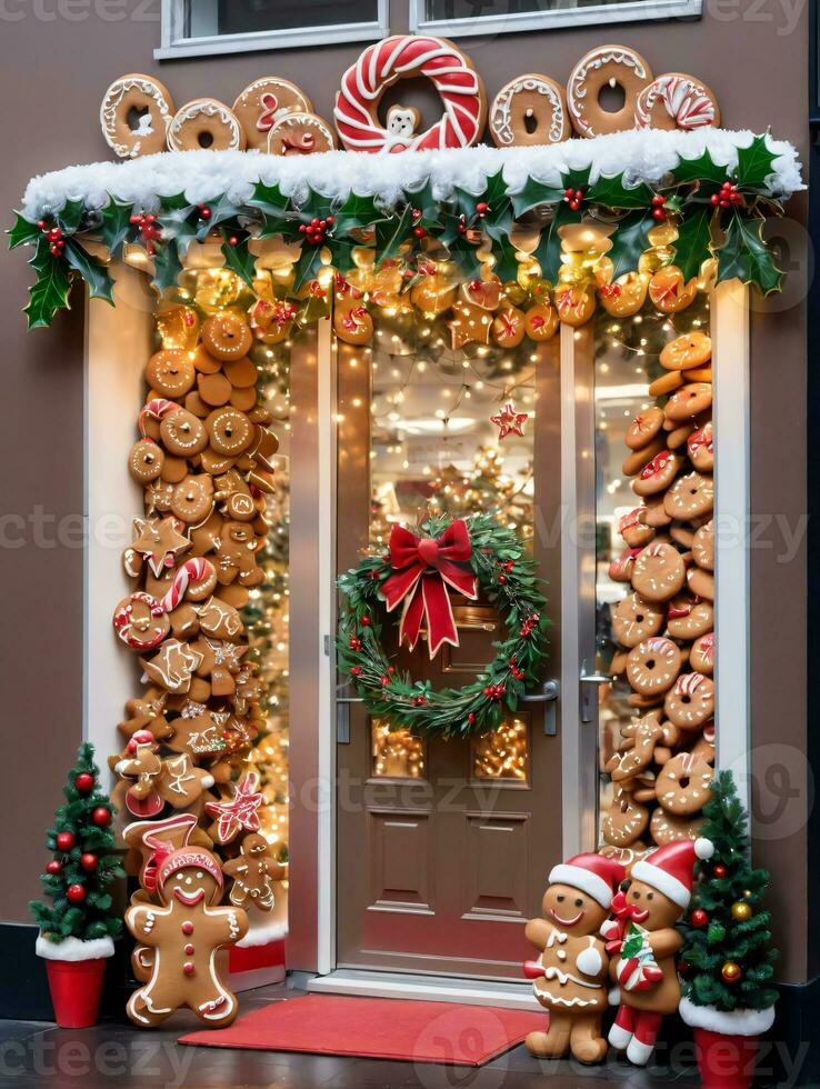 Photo Of Christmas Wreath Made Of Gingerbread Cookies Fairy Lights And Holly Leaves On The Entrance Of A Toy Shop. AI Generated