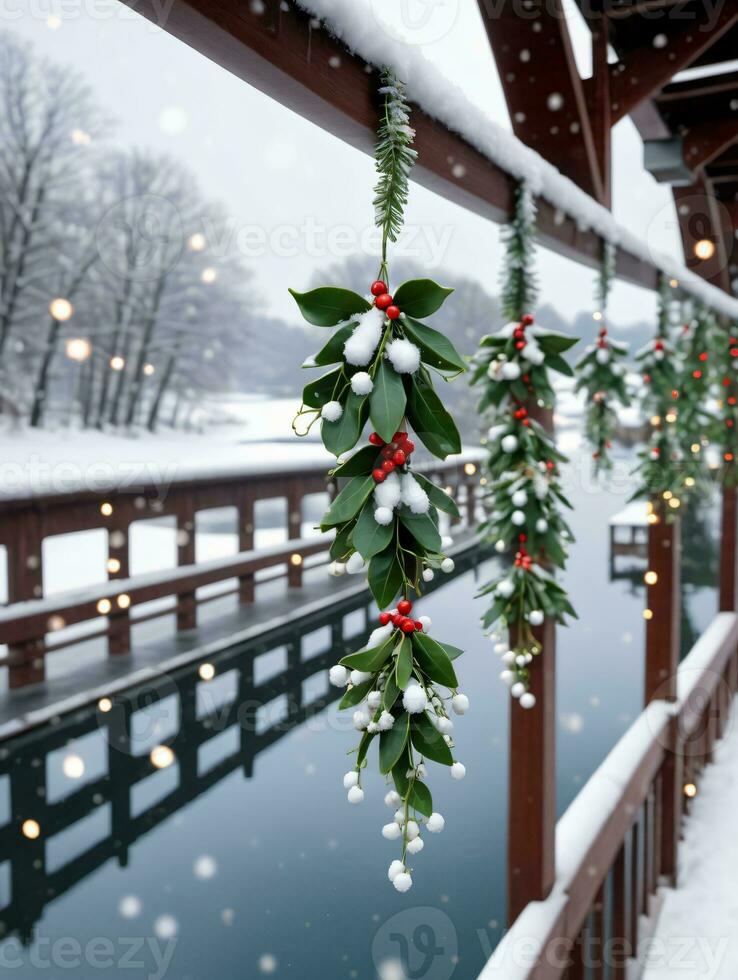 Photo Of Christmas Mistletoe Hanging From A Snowy Bridge Adorned With Fairy Lights With A Backdrop Of A Serene Winter Lake. AI Generated