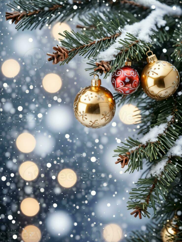 Photo Of Christmas Pine Tree Branches Draped With Jingle Bells Fairy Lights And Snowflakes Against A Backdrop Of A Winter Wonderland. AI Generated