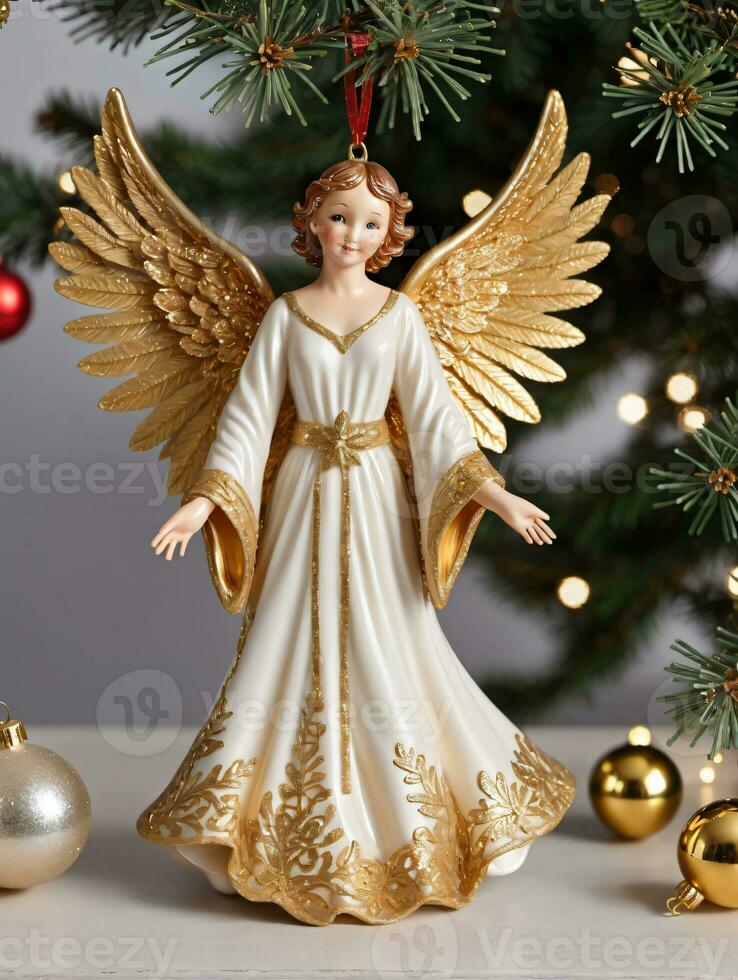 Photo Of Christmas Angel Ornament With Golden Wings. AI Generated