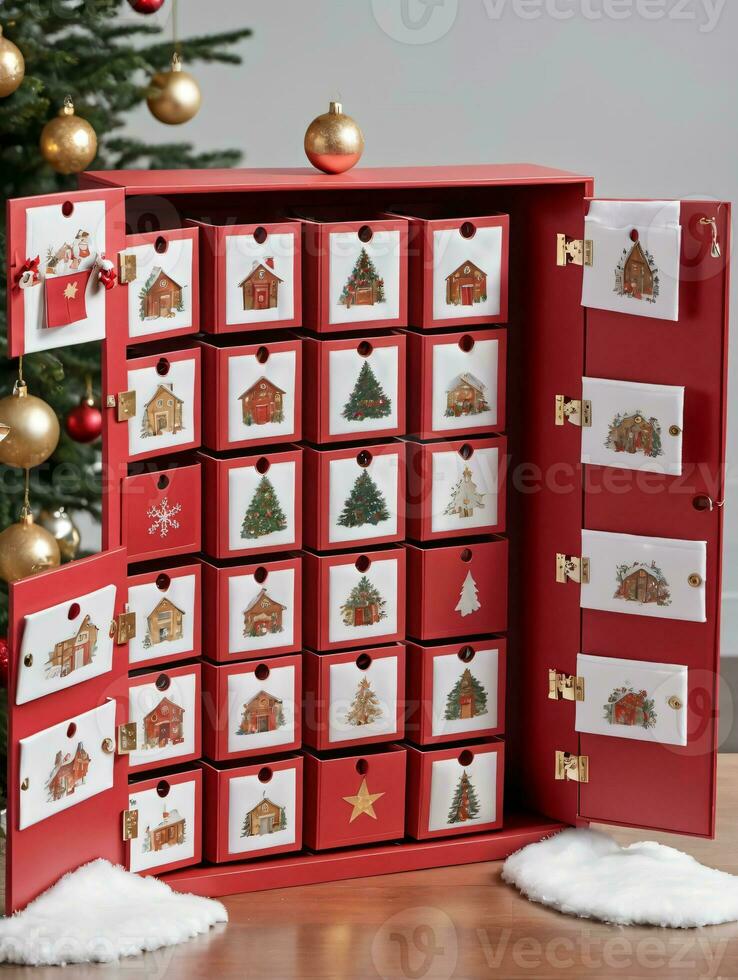 Photo Of Christmas Advent Calendar With Open Doors. AI Generated