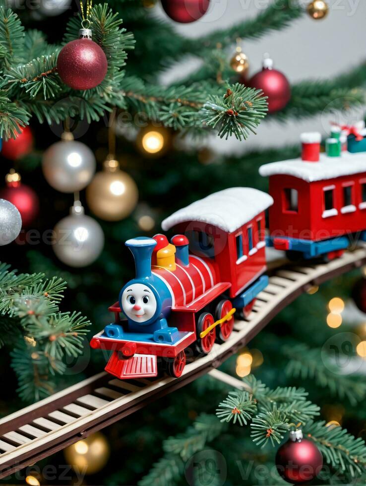 Photo Of Christmas Toy Train Circling A Tree. AI Generated