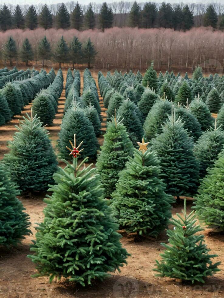 Photo Of Christmas Christmas Tree Farm Rows. AI Generated