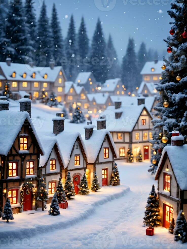 Photo Of Christmas Snowy Village With Lit Windows. AI Generated