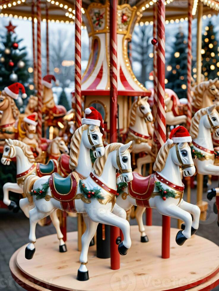 Photo Of Christmas Christmas Carousel With Wooden Horses. AI Generated