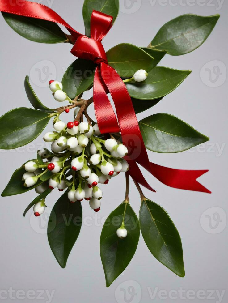 Photo Of Christmas Mistletoe With A Red Ribbon. AI Generated