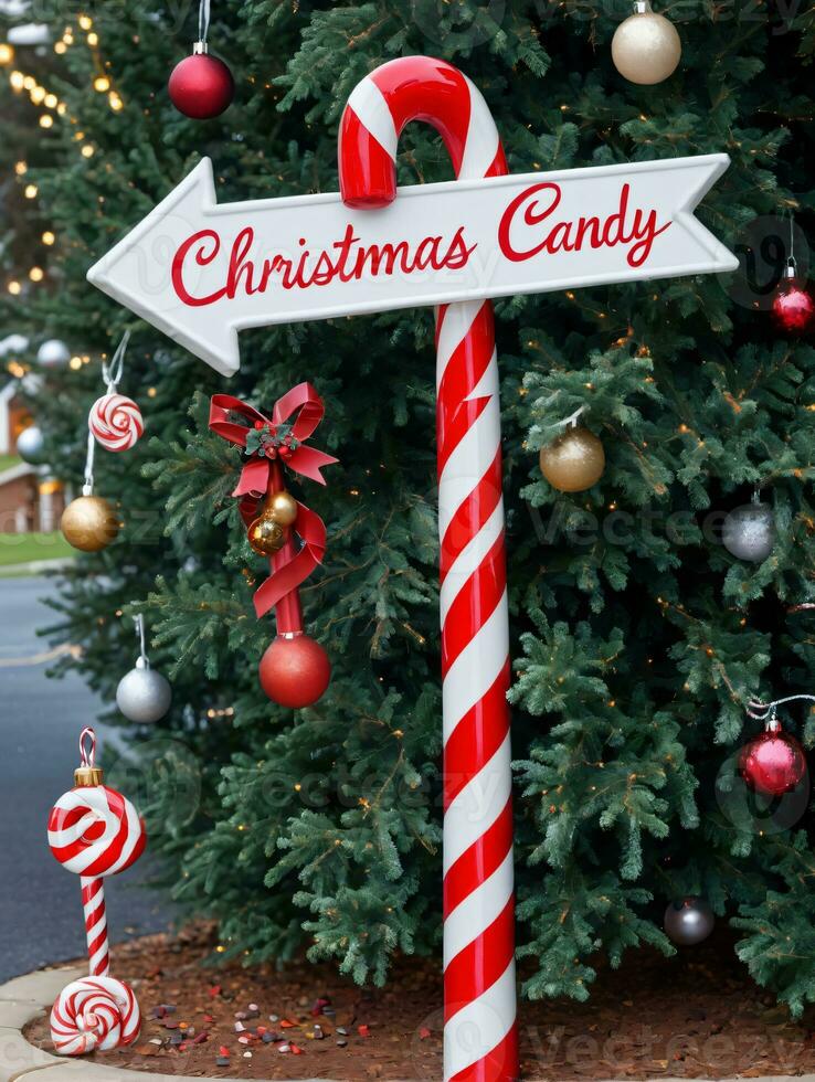 Photo Of Christmas Candy Cane Lane Signpost. AI Generated