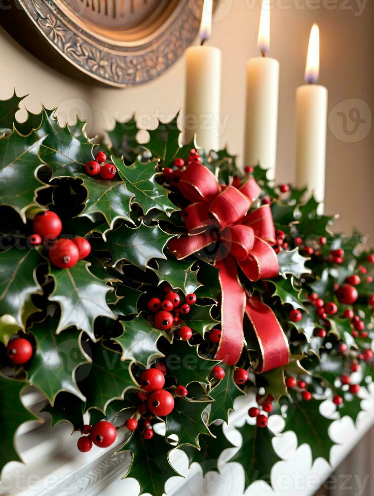 Photo Of Christmas Boughs Of Holly On A Mantle. AI Generated