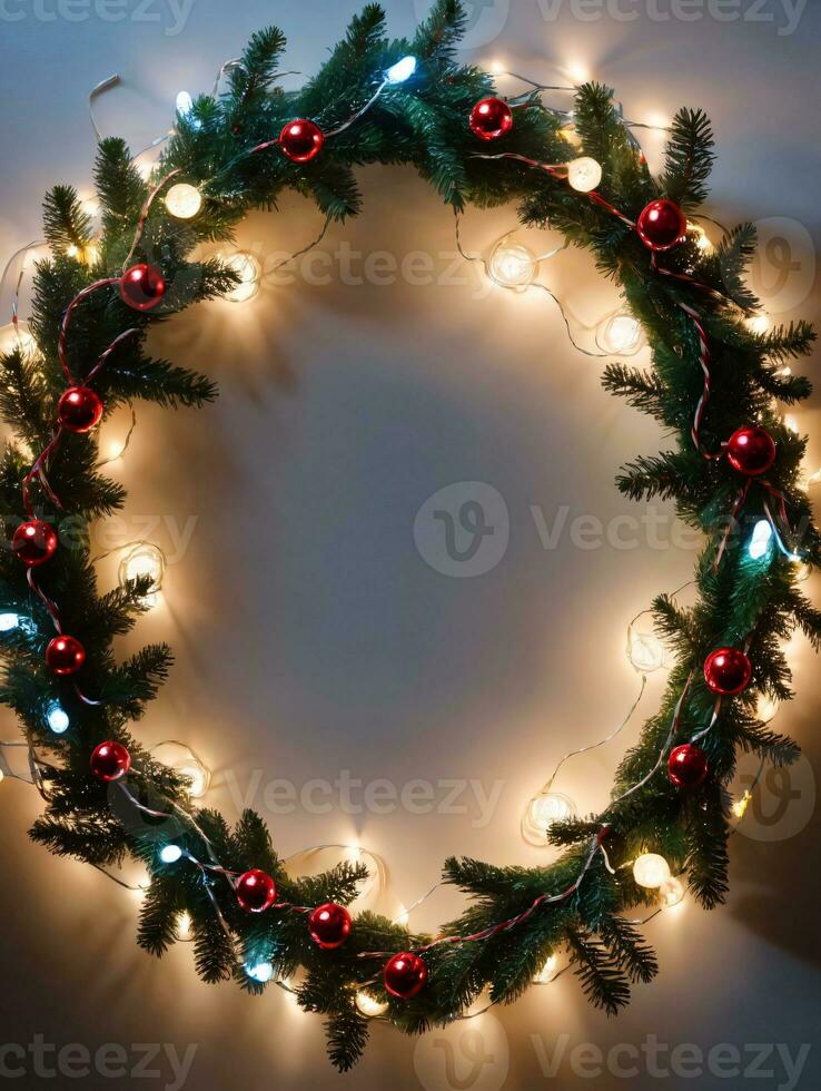 Photo Of Christmas Wreath Intertwined With Fairy Lights. AI Generated