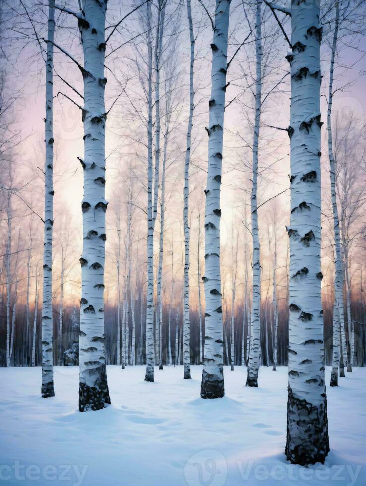 Photo Of Christmas Snowy Birch Trees At Twilight. AI Generated