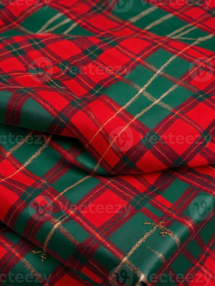 Photo Of Christmas Red And Green Plaid Tablecloth. AI Generated