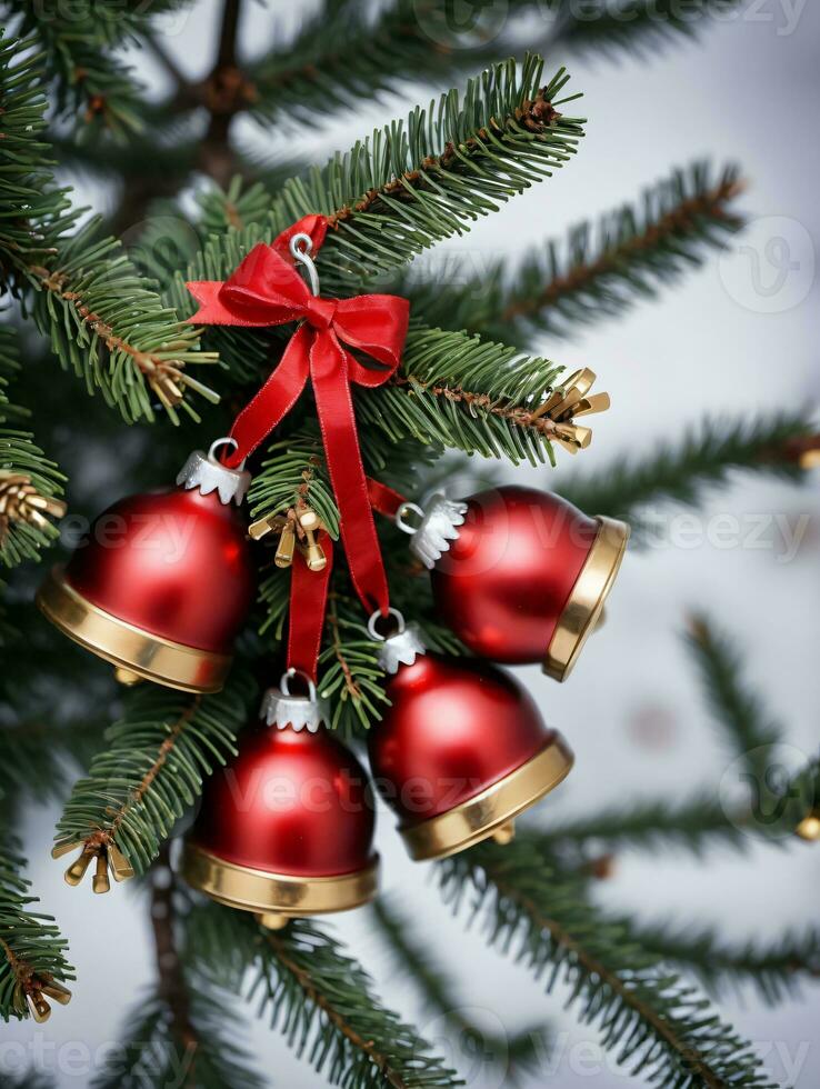 Photo Of Christmas Jingle Bells On A Christmas Tree Branch. AI Generated