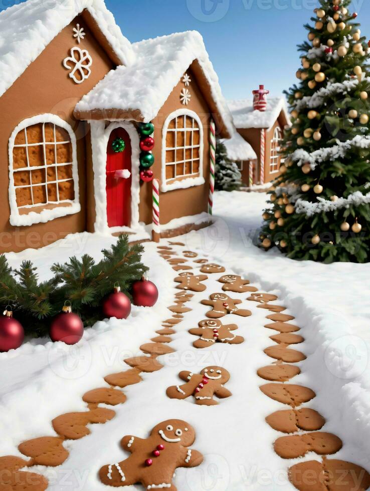 Photo Of Christmas Snowy Footprints Leading To A Gingerbread House. AI Generated