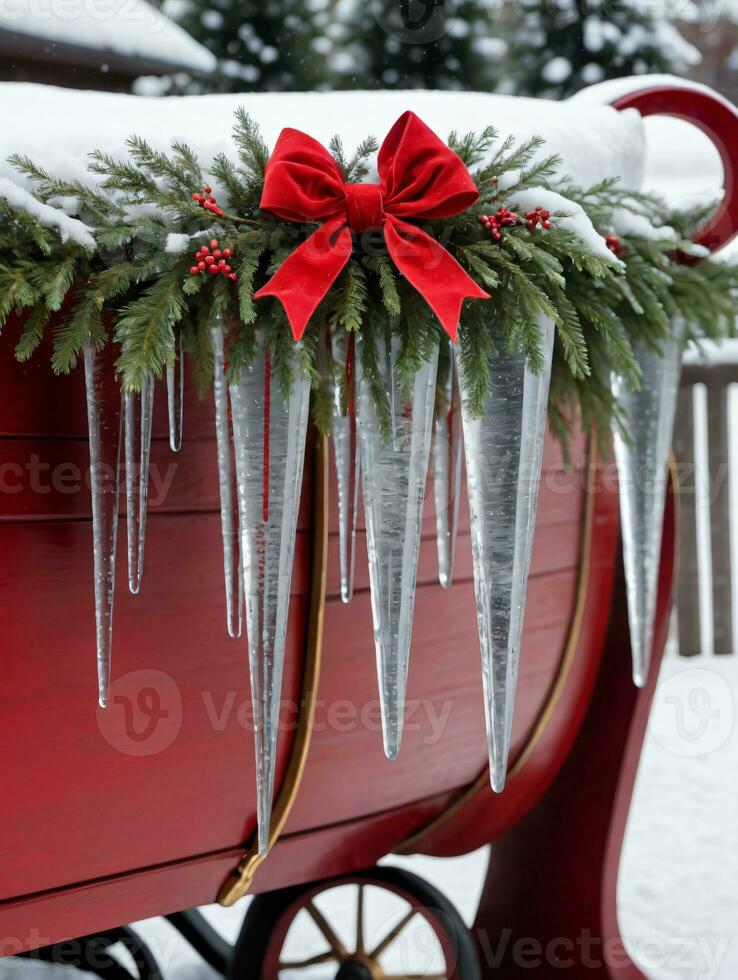 Photo Of Christmas Icicles Hanging From A Sleigh. AI Generated