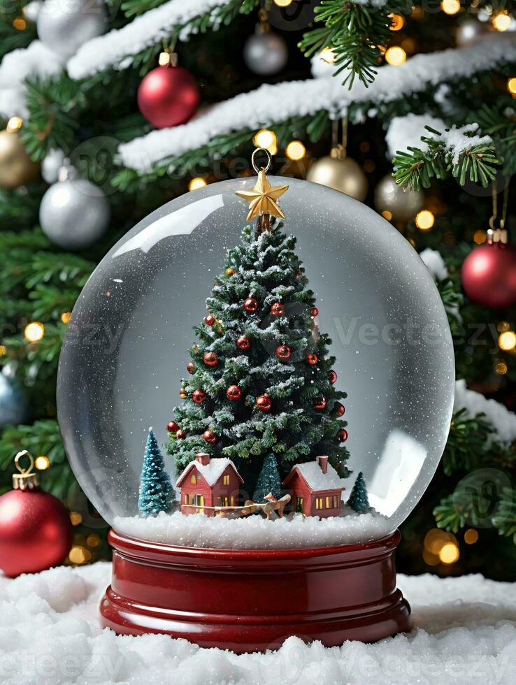 Photo Of Christmas Snow Globe With A Christmas Tree Inside. AI Generated