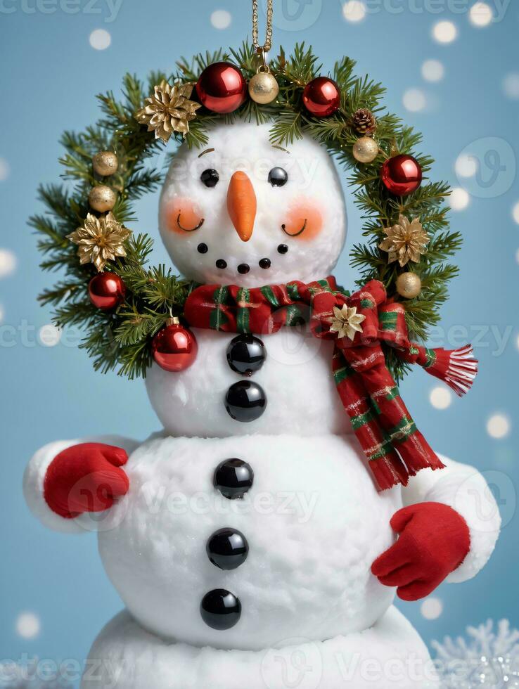 Photo Of Christmas Snowman Wearing A Wreath As A Necklace. AI Generated