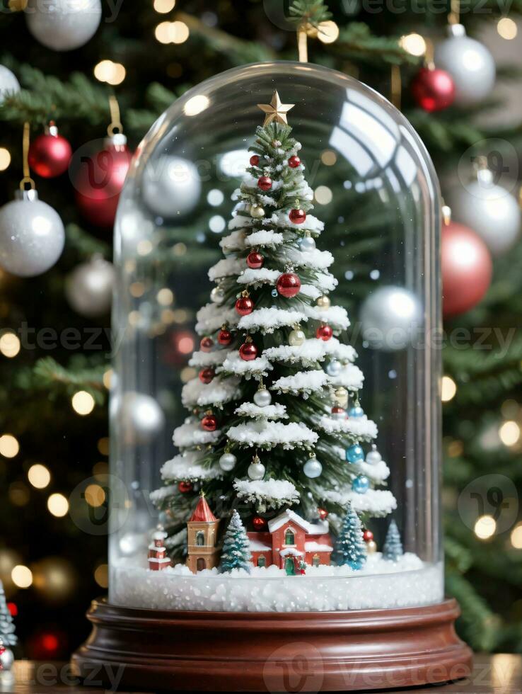 Photo Of Christmas Pine Tree Adorned With Glass Snow Globes. AI Generated