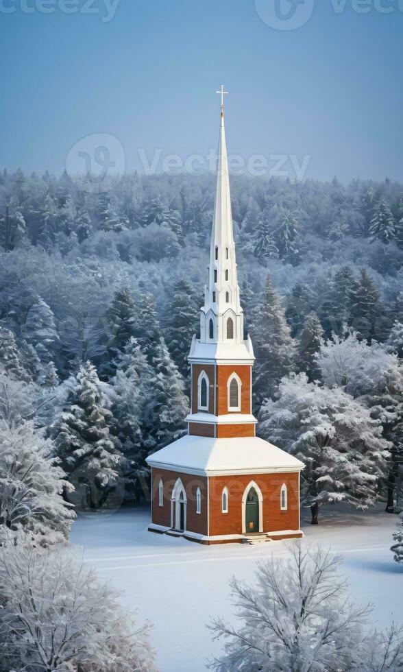 Photo Of Christmas SnowCovered Church Steeple. AI Generated