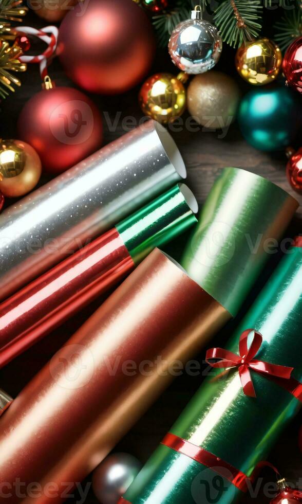 Photo Of Christmas Shiny Wrapping Paper Rolls. AI Generated