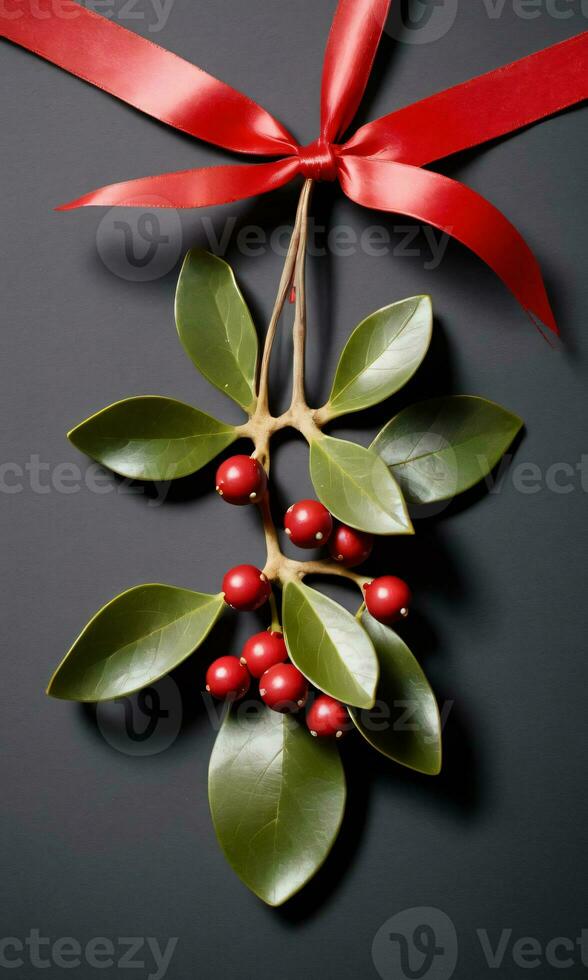 Photo Of Christmas Mistletoe With A Red Ribbon. AI Generated