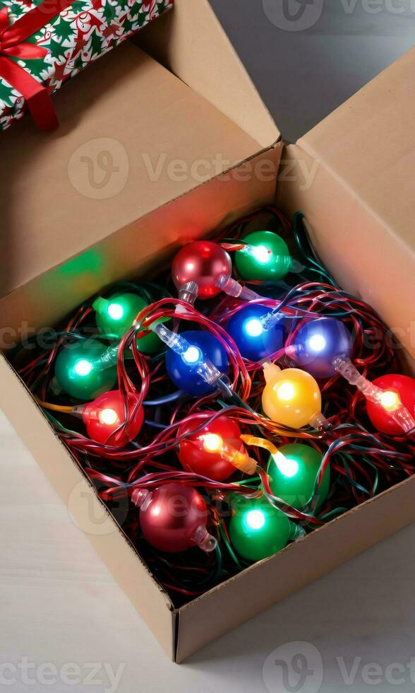 Photo Of Christmas Tangled Christmas Lights In A Box. AI Generated