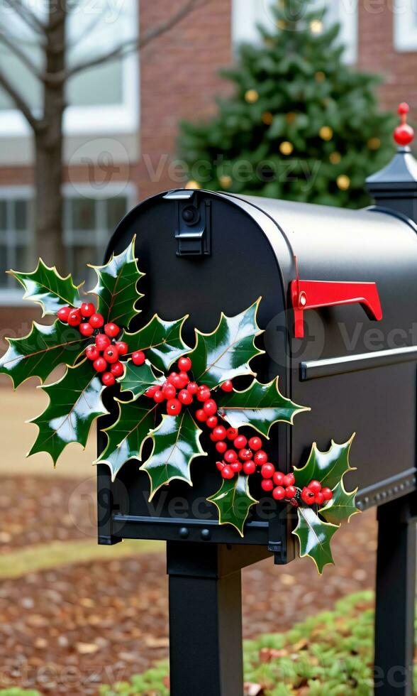 Photo Of Christmas Holly Branches Decorating A Mailbox. AI Generated