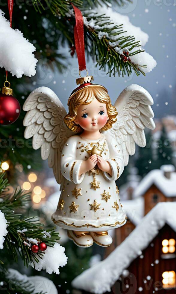 Photo Of Christmas Angel Ornament Looking Over A Snowy Village. AI Generated