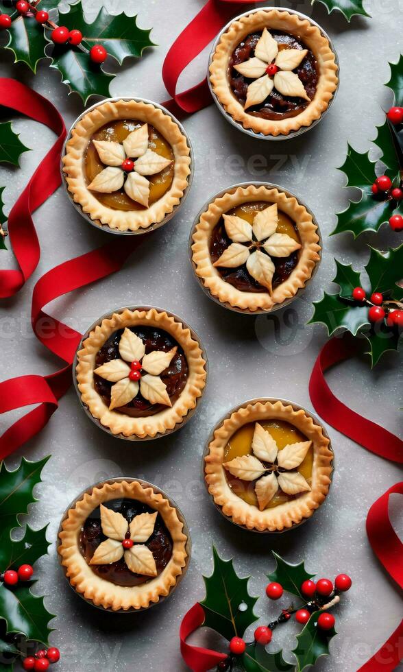 Photo Of Christmas Mince Pies Surrounded By Holly Leaves. AI Generated