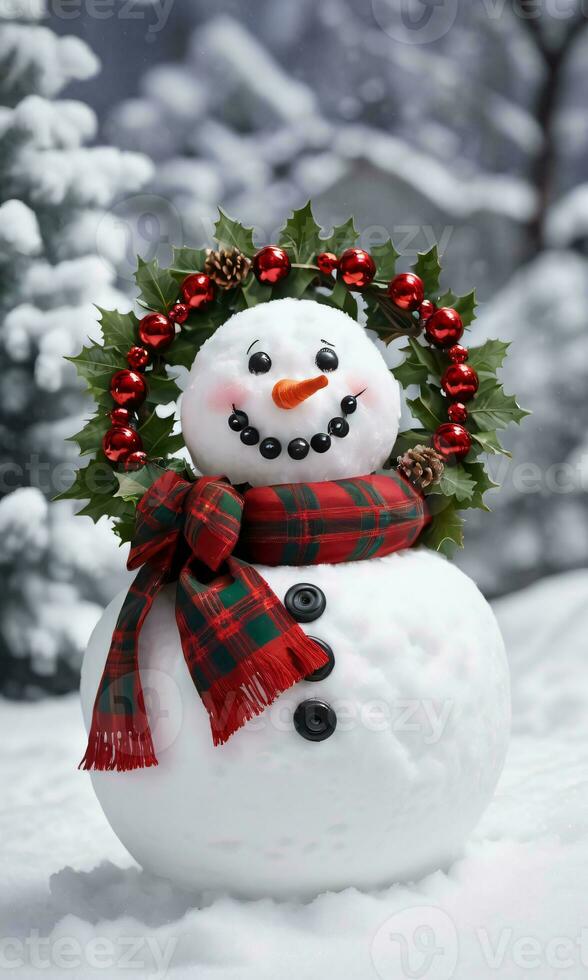 Photo Of Christmas Snowman Wearing A Wreath As A Necklace. AI Generated