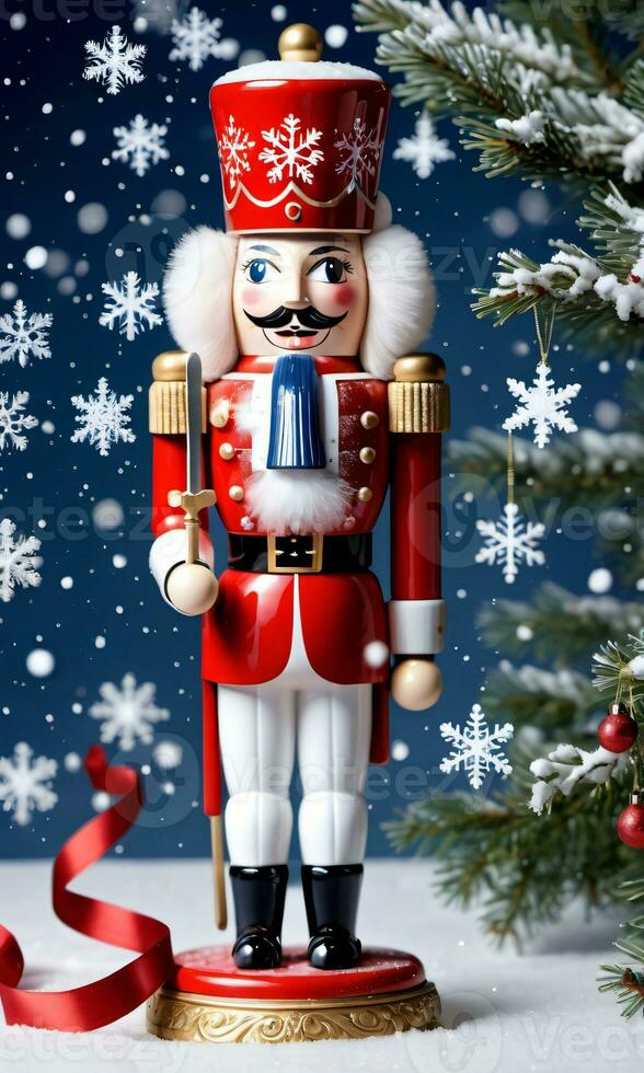 Photo Of Christmas Snowflakes Falling On A Nutcracker. AI Generated