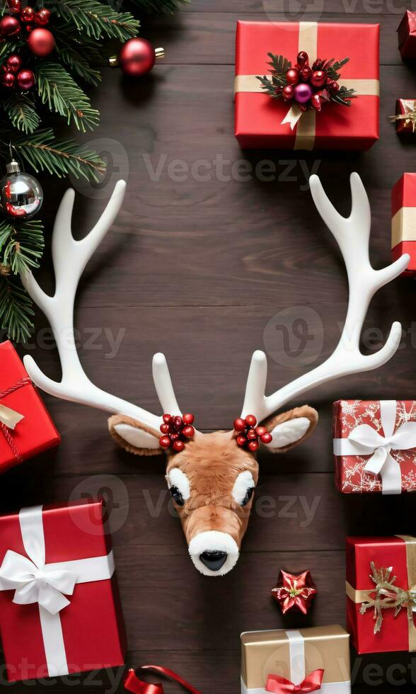 Photo Of Christmas Reindeer Antlers Beside A Pile Of Gifts. AI Generated