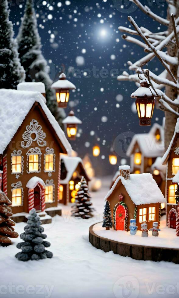 Photo Of Christmas Snowy Village With Lanterns And A Gingerbread House Display. AI Generated