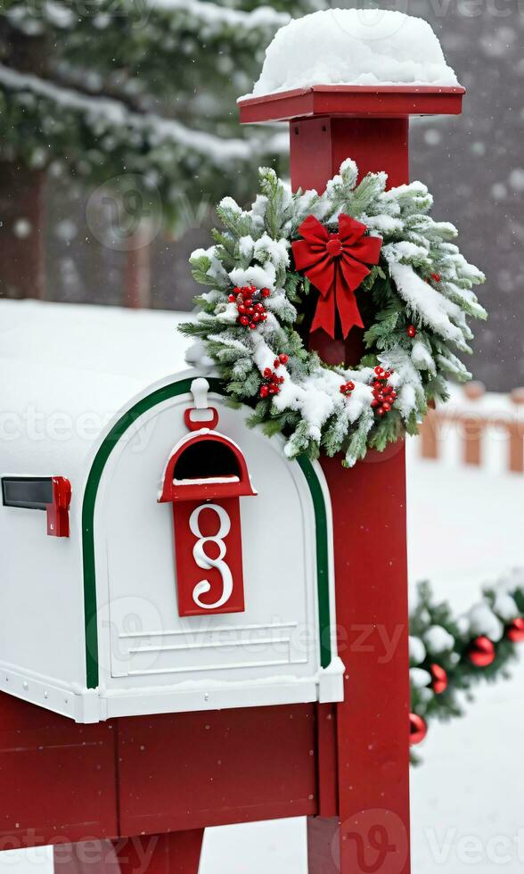 Photo Of Christmas SnowCovered Mailbox With A Wreath On Top And Jingle Bells. AI Generated