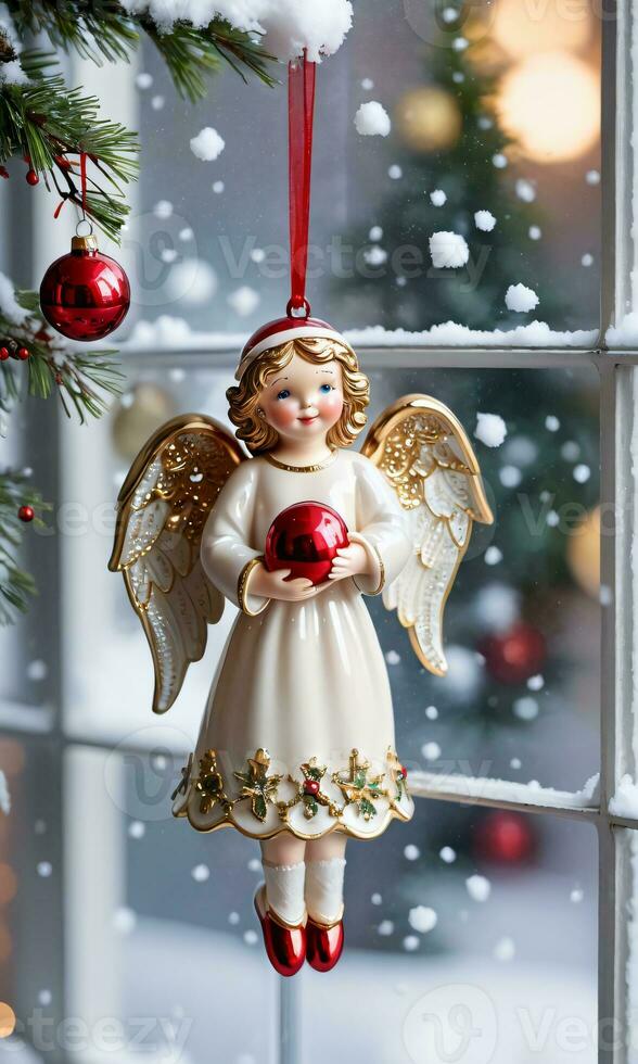 Photo Of Christmas Angel Ornament Beside A Snowy Window With Hanging Stockings. AI Generated