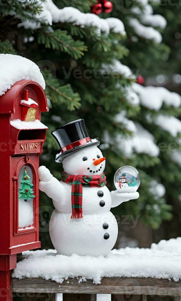 Photo Of Christmas Snowman Holding A Glass Snow Globe Beside A Snowy Mailbox. AI Generated