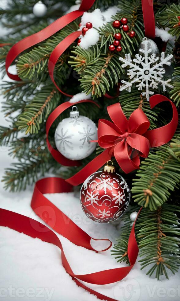 Photo Of Christmas Pine Tree Branches Draped With Red Ribbons Snowflakes And Jingle Bells. AI Generated
