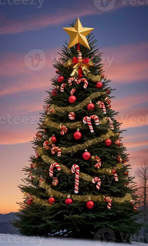 Photo Of Christmas Pine Tree Adorned With Candy Canes And Golden Stars Against A Twilight Sky. AI Generated