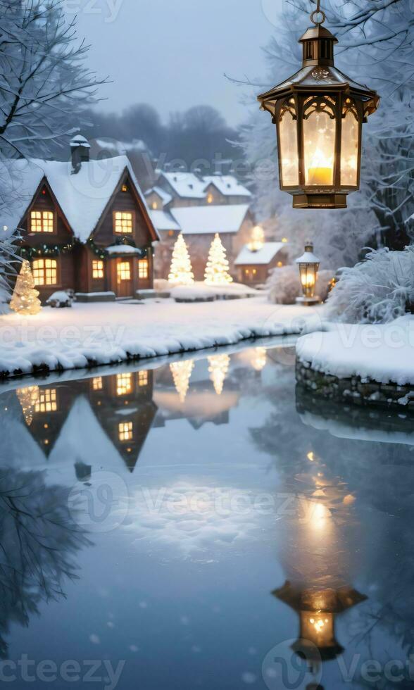 foto de Navidad ángel ornamento con vista a un Nevado pueblo con un iluminado linterna todas reflejado en un sereno congelado estanque. ai generado