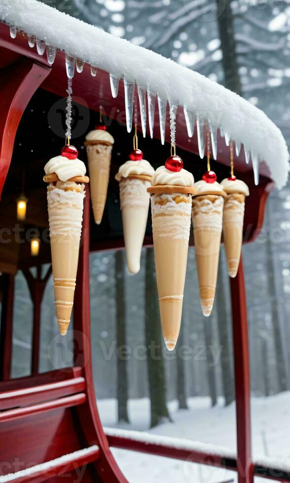 Photo Of Christmas Icicles Hanging From A Sleigh Filled With Mince Pies And Eggnog Parked Beside A Frosted Forest. AI Generated