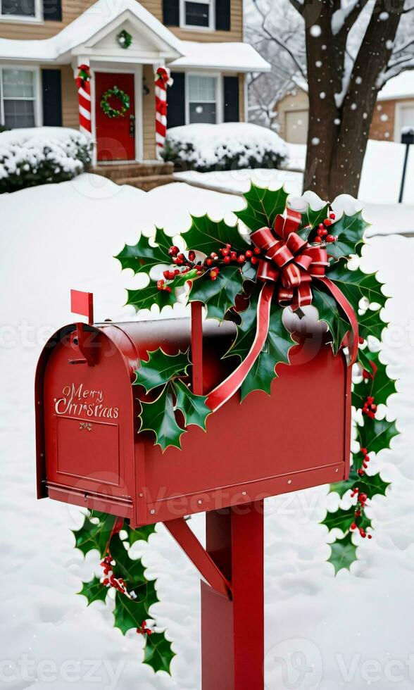 Photo Of Christmas Holly Branches Decorating A Mailbox Filled With Christmas Cards And Ribbons Set Against A Backdrop Of A SnowBlanketed Front Yard. AI Generated