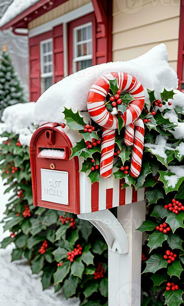 Photo Of Christmas SnowCovered Mailbox Filled With Candy Canes And Holly Leaves Outside A Quaint Cottage. AI Generated