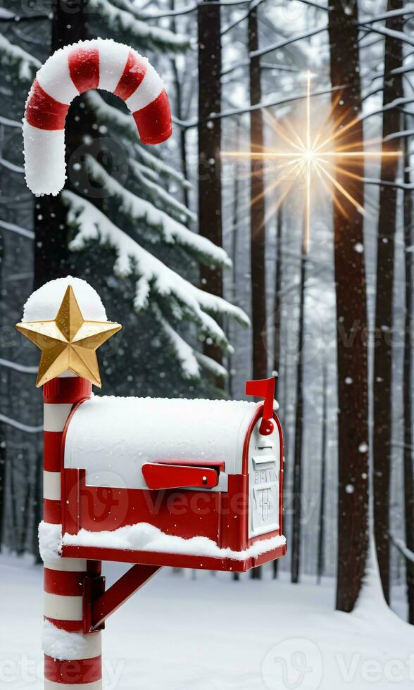 foto de Navidad nevado buzón con caramelo caña rayas y un dorado estrella en parte superior conjunto en contra un fondo de un Nevado bosque. ai generado