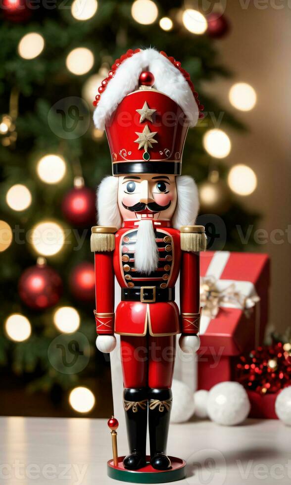 Photo Of Christmas Nutcracker Soldier Standing Tall. AI Generated