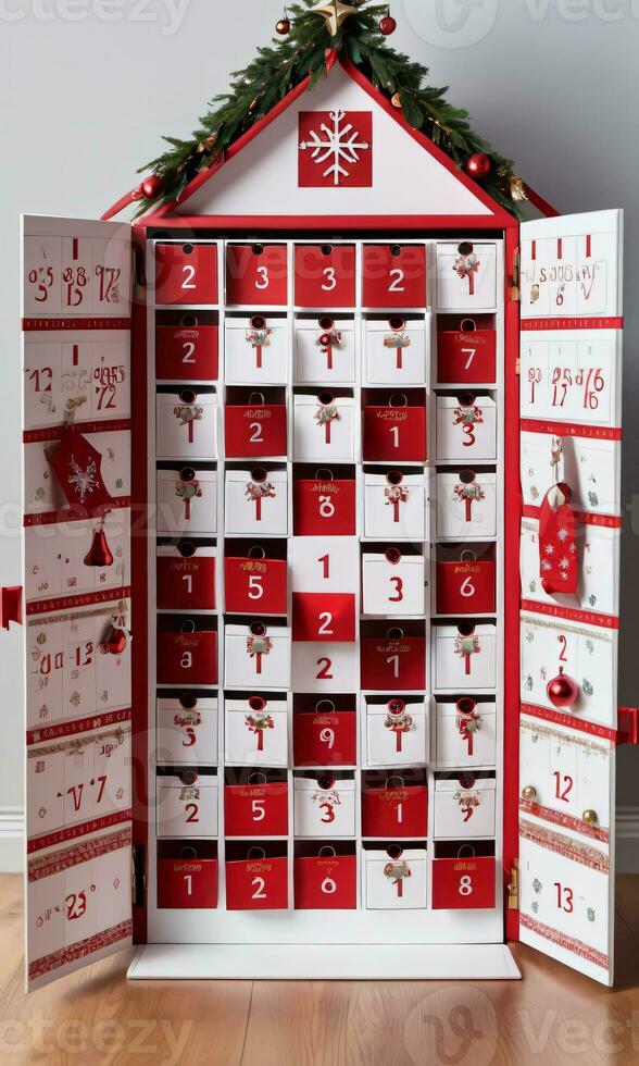 Photo Of Christmas Advent Calendar With Open Doors. AI Generated